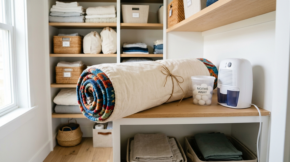 ギャッベを布で包んで丸めて保管している様子