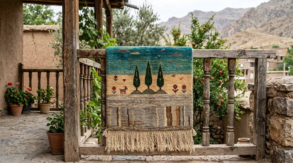 風通しの良い日陰でギャッベを干している様子