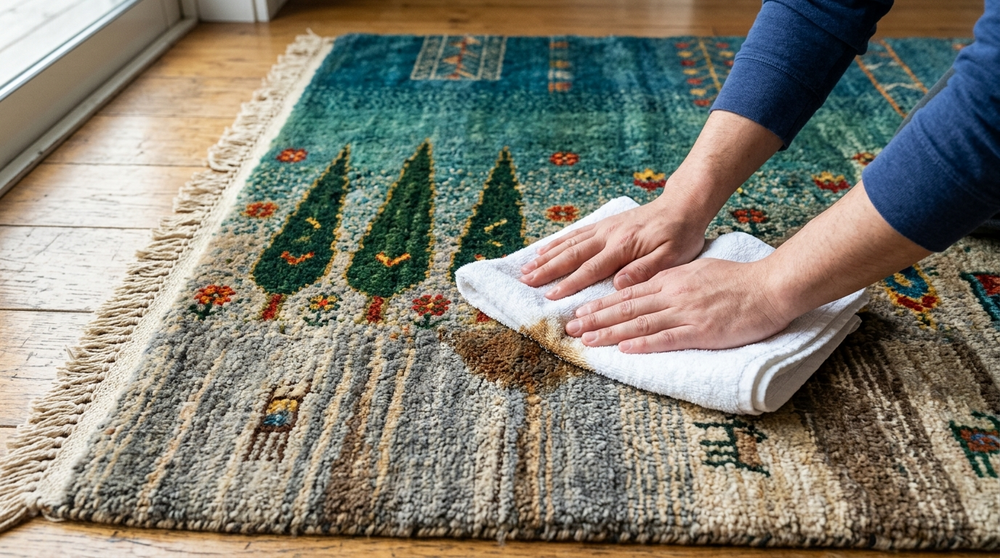 ギャッベの汚れにタオルを押し当てて水分を吸い取っている様子