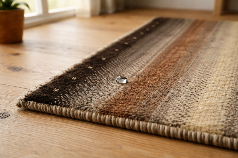 ギャッベのウール表面で水滴が弾かれている様子