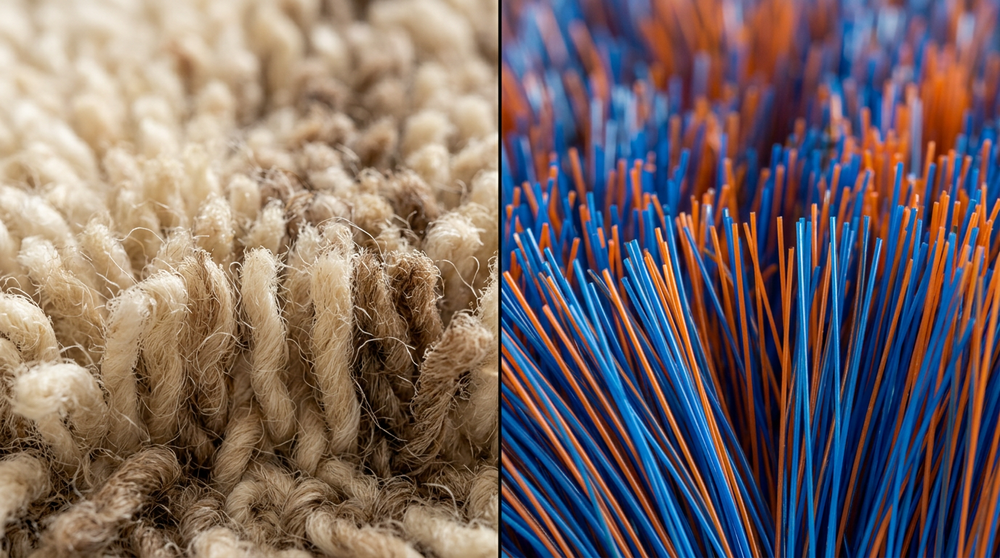 天然ウールの毛先(左)と化学繊維の毛先(右)のクローズアップ比較。ウールは柔らかくカールした自然な質感、化学繊維は均一で直線的な人工的な質感