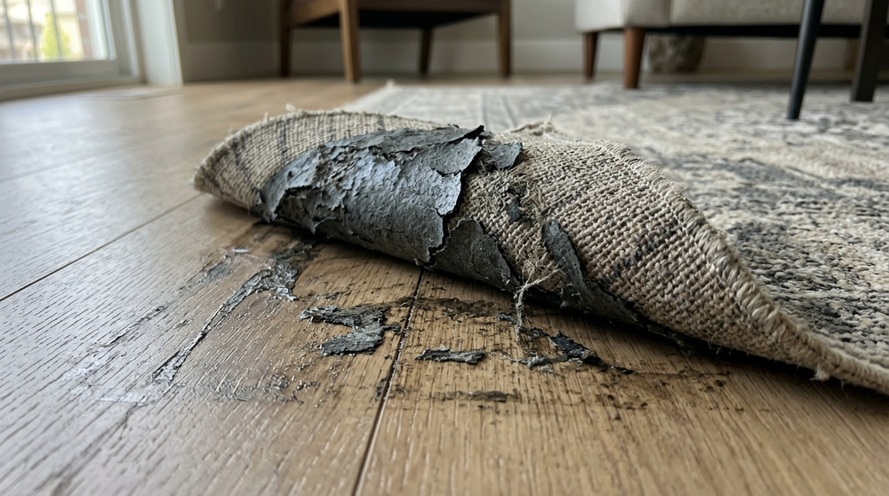 接着剤で貼り合わせたラグの裏地が床暖房の熱で劣化・剥離し、フローリングに張り付いた状態