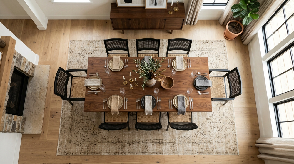 俯瞰で見たウォールナットダイニングテーブルと黒ラタンチェア、ベージュ系ヴィンテージメダリオン柄ラグ。テーブルとラグの暖色トーンが統一感を生む
