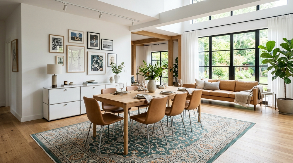 オークテーブルとキャメルレザーチェア、ティールグリーン系ヴィンテージ柄ラグ、USMハラー風ホワイトキャビネットのある空間全体