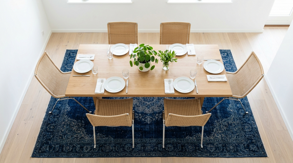俯瞰で見たオークダイニングテーブルとペーパーコード×シルバー脚チェア、ディープブルーのヴィンテージメダリオン柄ラグ。木の暖色とラグの寒色がコントラストを生む