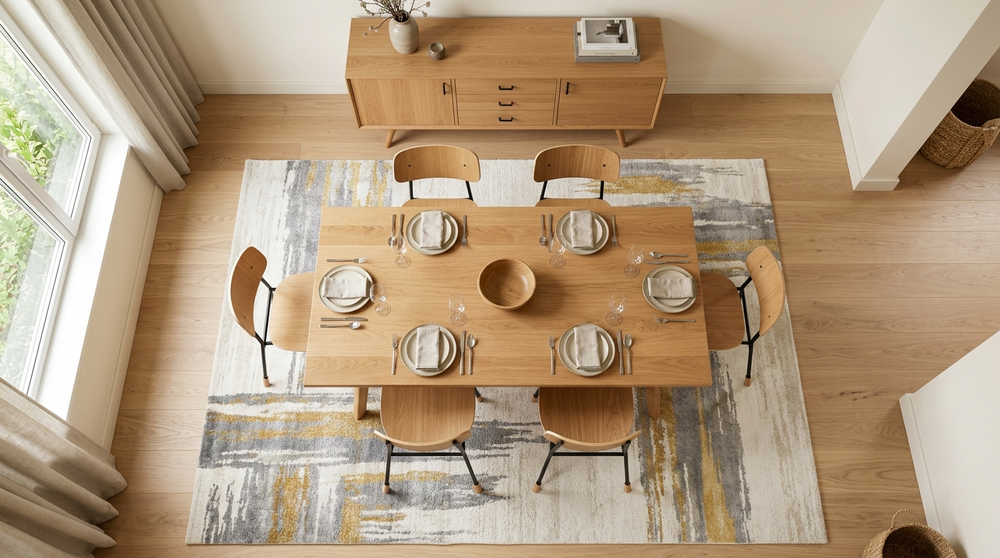 俯瞰で見た黒脚×オーク座面チェアとダイニングテーブル、グレー×ゴールドの抽象柄ラグ。チェアを引いてもラグの上に収まるサイズ感