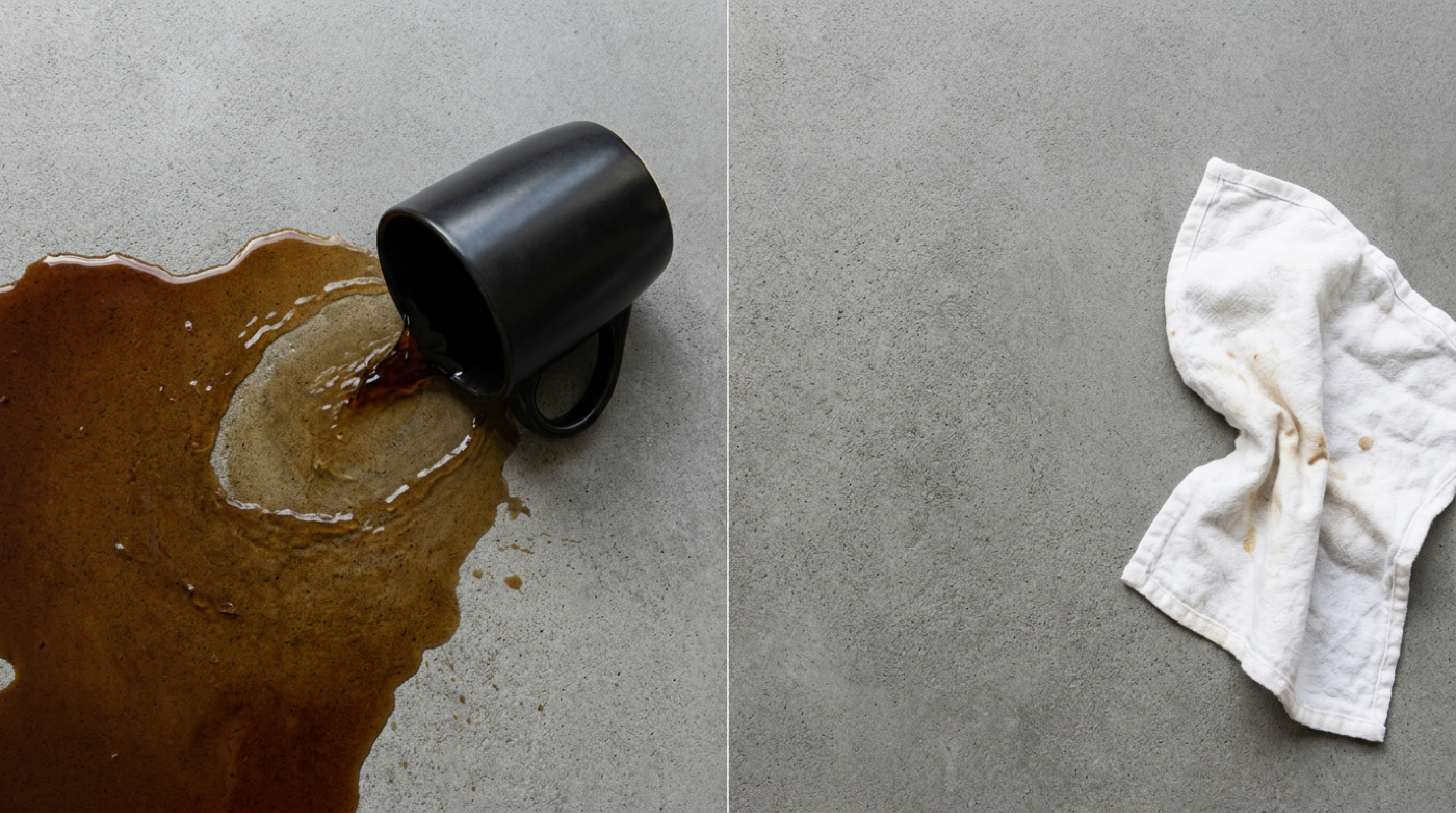 左：コーヒーをこぼした状態、右：拭き取り後のきれいな状態