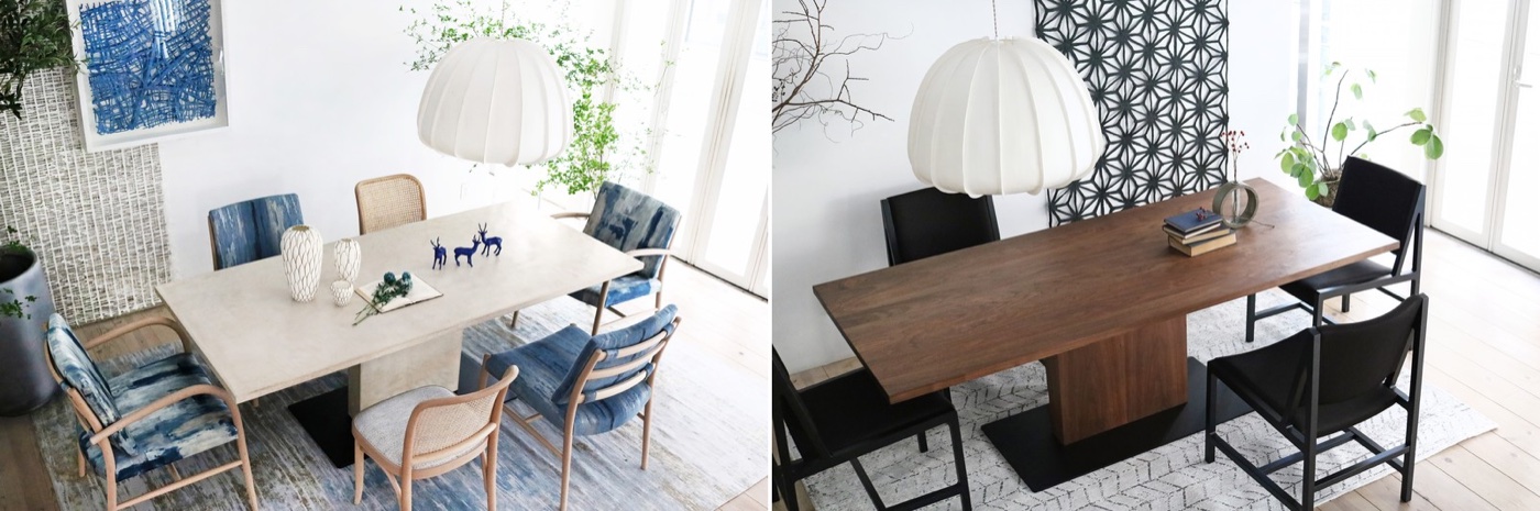 左：モールテックステーブル（クール・モダン）、右：無垢材テーブル（温かい木目）の選び方比較