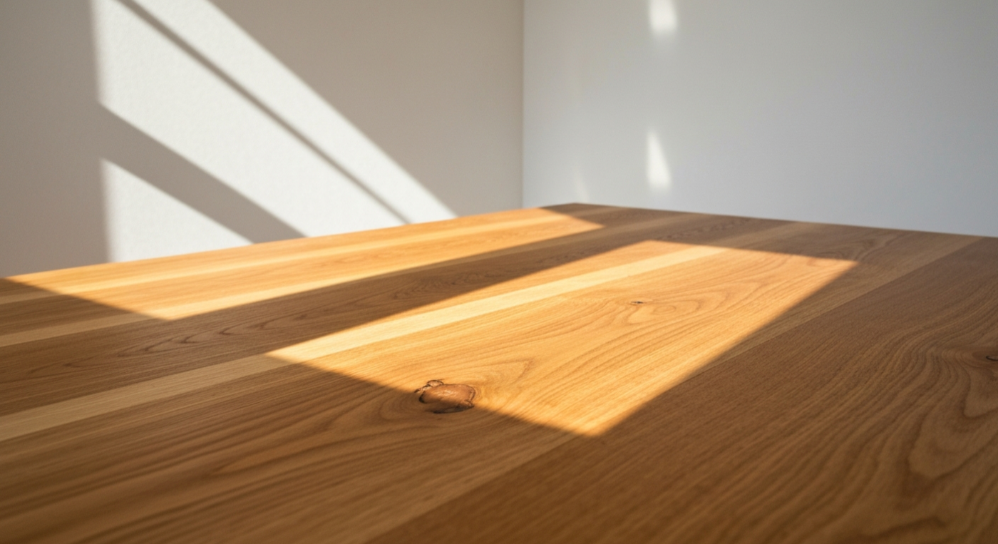 自然光の中のオーク無垢材テーブル天板。温かな木目と年輪が美しい