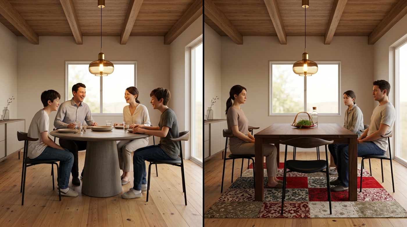 丸テーブルと長方形テーブルの会話スタイルを比較。左：円形テーブルで全員が顔を向け合う家族。右：長方形テーブルで端の席が孤立する様子
