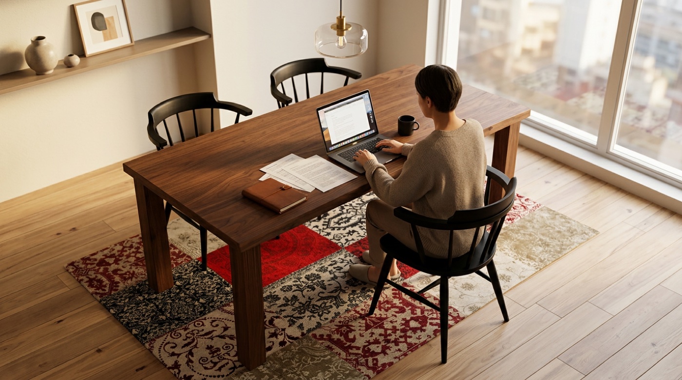 長方形の無垢材ダイニングテーブルにノートパソコンと書類を広げて作業する様子。大きな窓から自然光が差し込むスカンジナビアスタイルのインテリア