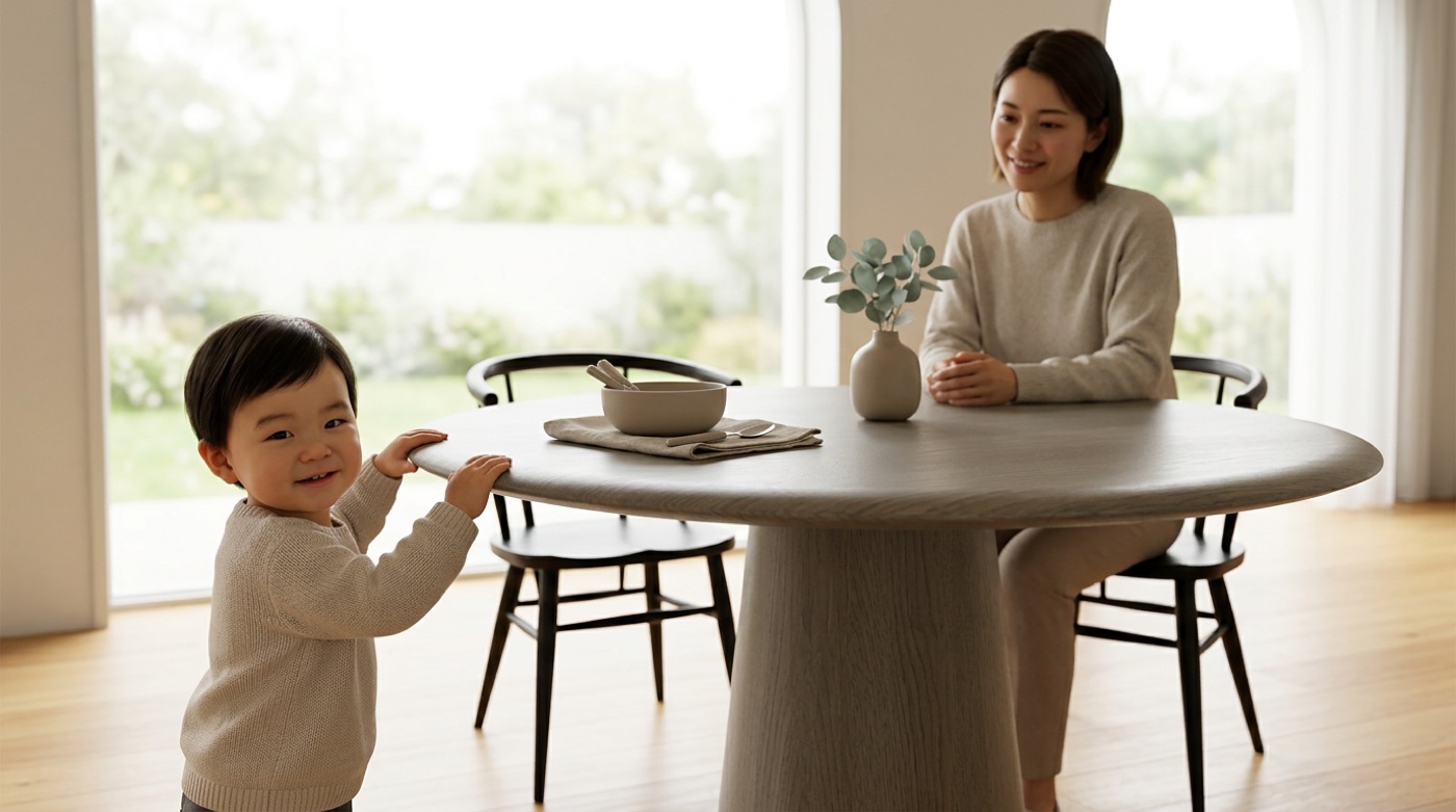 よちよち歩きの幼児が丸テーブルの滑らかな縁のそばを歩き、母親が安心して見守る温かな室内シーン