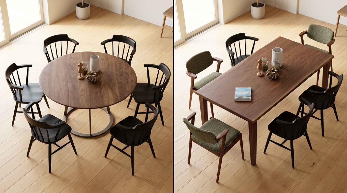 ペデスタル1本脚の丸テーブル（左）と4本脚の長方形テーブル（右）の椅子配置比較。左はMARYのような中央1本柱のデザインで360度自由に椅子が置ける。右は4本脚の長方形テーブルに椅子が両サイドに配置されている