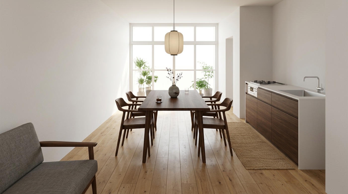 縦長のリビングダイニングに長方形のオーク材テーブルを縦方向に配置した空間。奥の大きな窓から自然光が差し込み、部屋の形とテーブルの形が揃って整然とした印象になっている